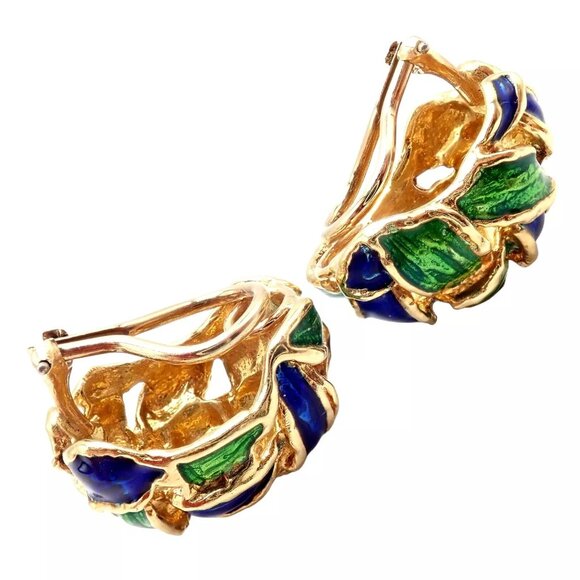 Vintage Tiffany & Co Green Blue Enamel 18k Yellow Gold Basket Weave Earrings - Picture 10 of 12